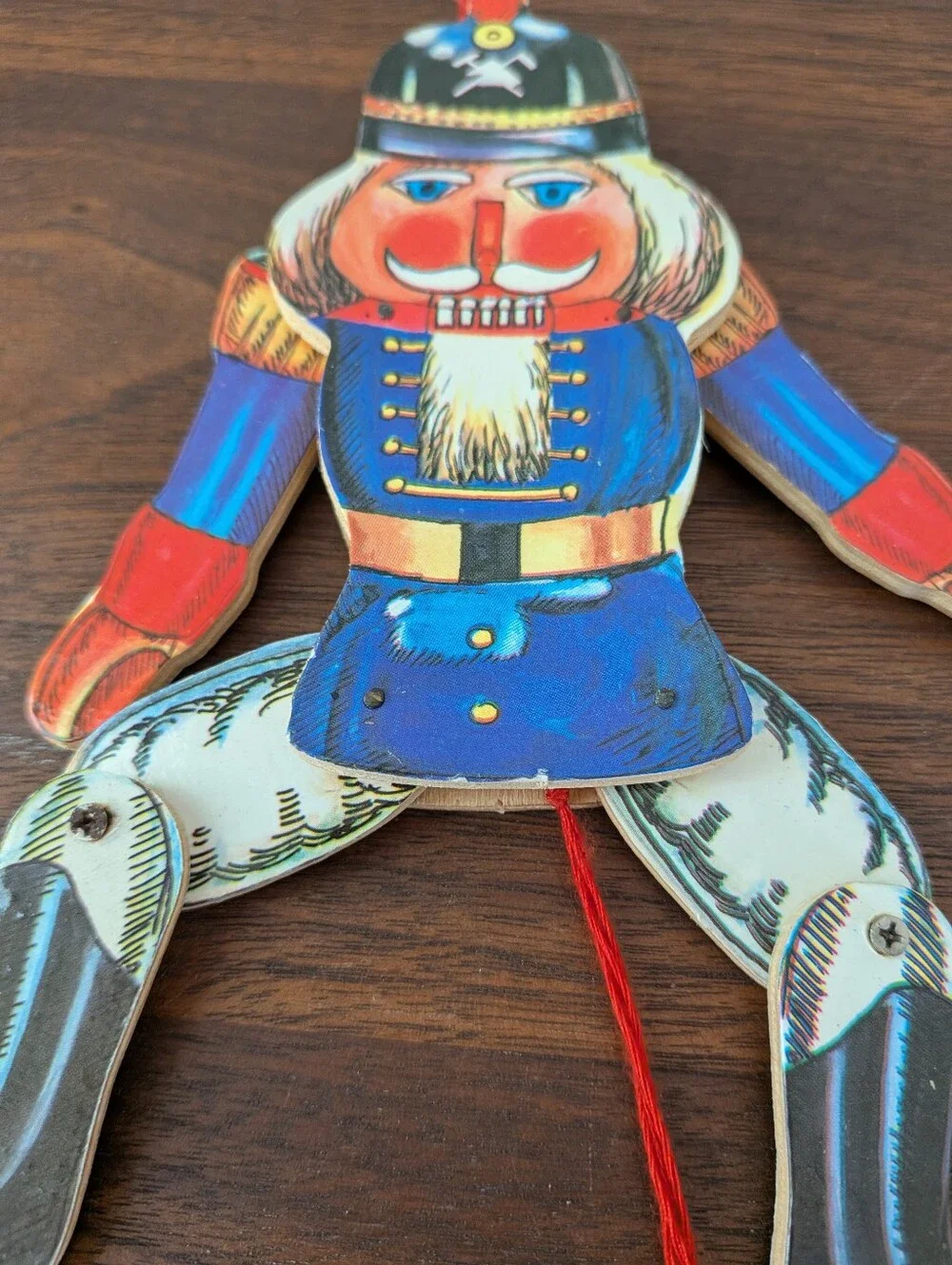 2 Vintage Christmas Nutcracker Pull String Jumping Jack Wooden Puppet Ornaments